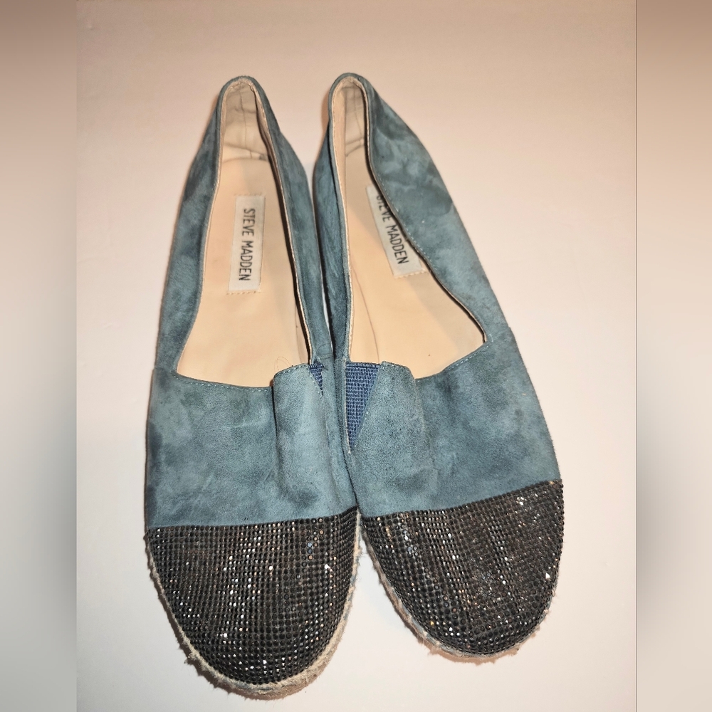 Steve Madden Pulsse Blue Suede Stones Bling Toe Slip On Espadrille Womens US 7